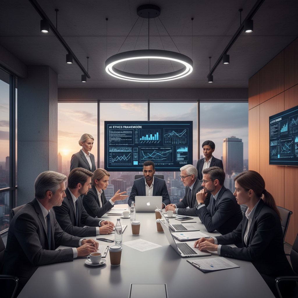 Grupa ekspertów debatujących nad etyką AI, sala konferencyjna, atmosfera powagi