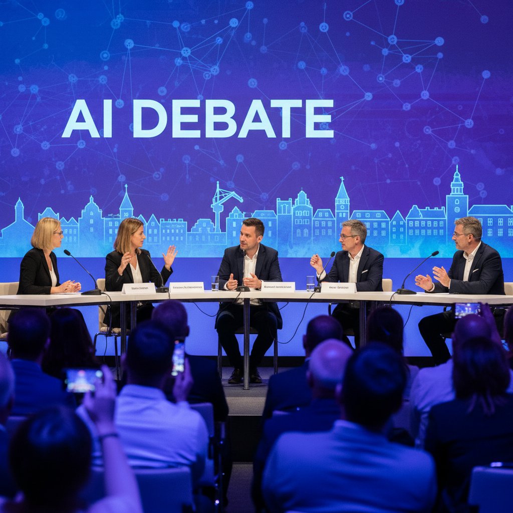 Eksperci i naukowcy podczas debaty o AI w Gdańsku, dynamiczna dyskusja na scenie