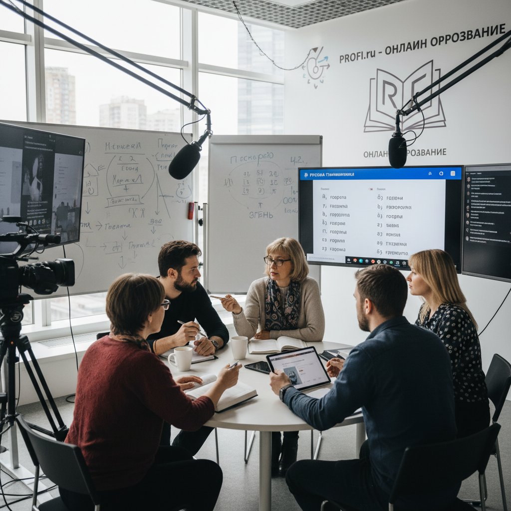 Zespół ekspertów językowych przy pracy nad materiałami edukacyjnymi do rosyjskiej gramatyki, atmosfera zaangażowania – słowa kluczowe: eksperci, rosyjski online, kursy