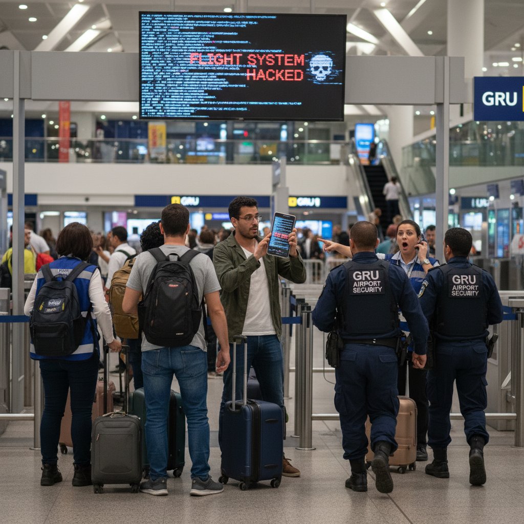 Photo: Traveler with smart luggage breezing through express security lane at GRU, staff nodding in recognition