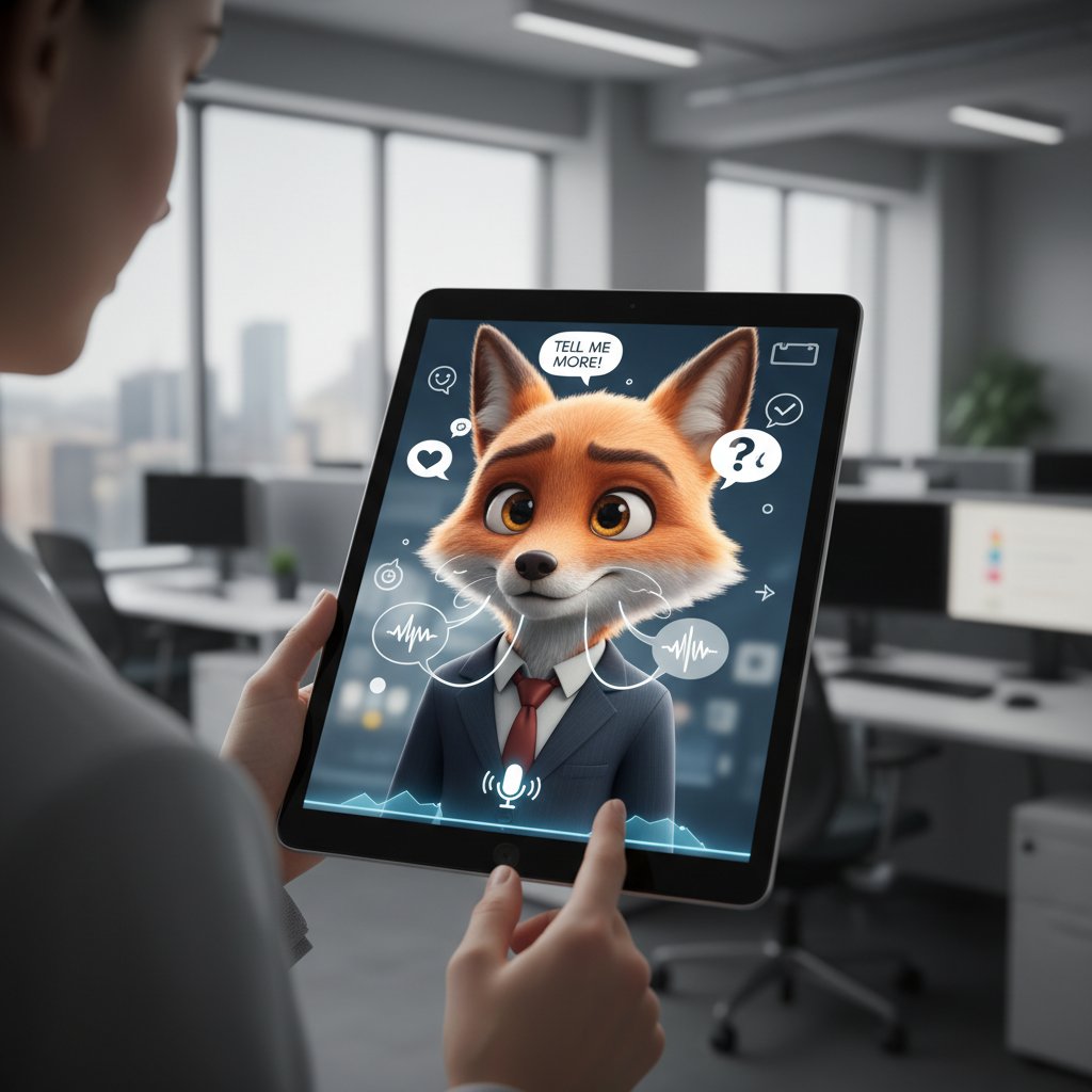 Wirtualny ankieter z ekspresyjną mimiką prowadzi rozmowę z respondentem w biurze