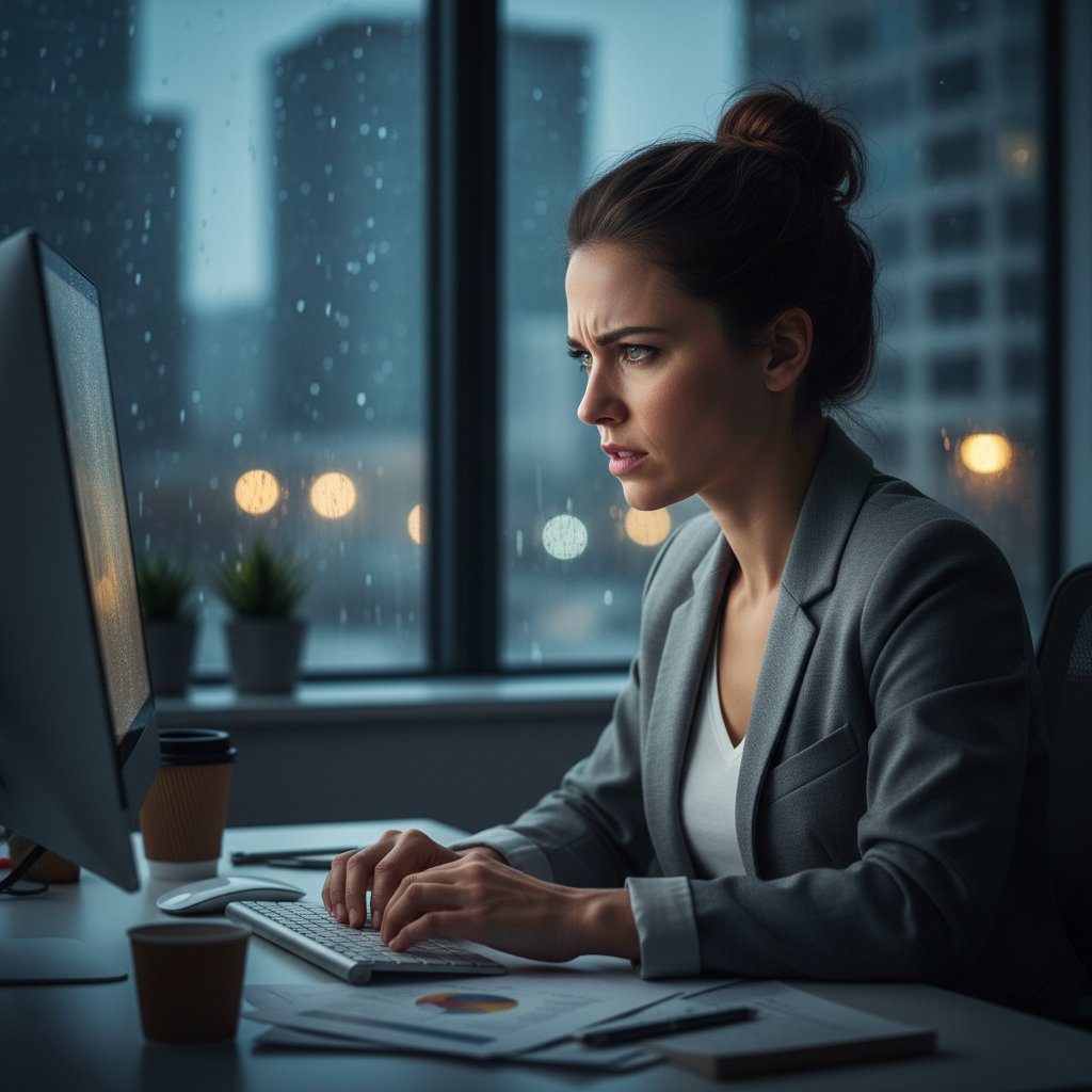 Osoba zmagająca się z syndromem oszusta po godzinach pracy
