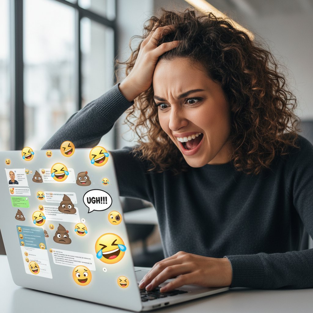 Osoba z wyrazistą mimiką patrząca w ekran, z nałożonymi cyfrowymi symbolami braku sygnałów niewerbalnych