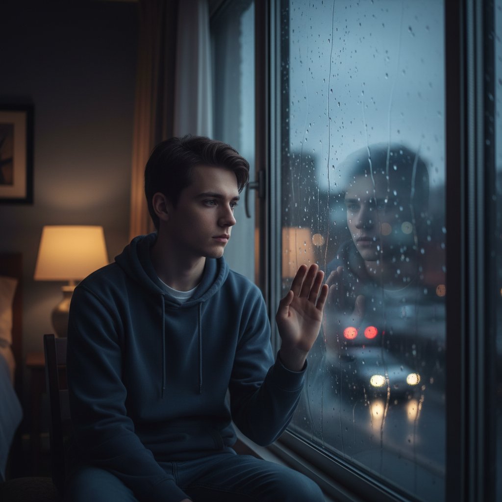 Młoda osoba patrzy przez okno – refleksja nad codziennością z trudnościami w połykaniu