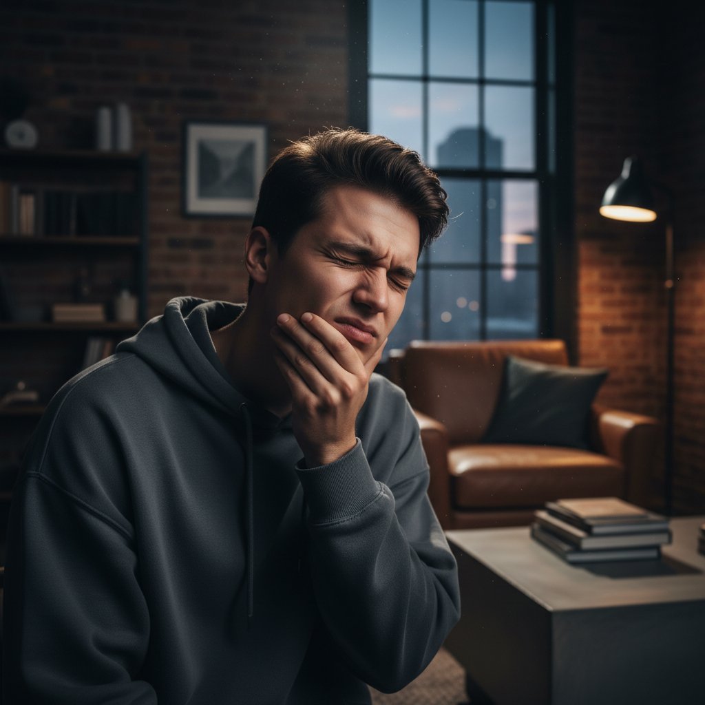 Ekspresyjny portret młodej osoby z grymasem bólu, mieszkanie, mroczne światło