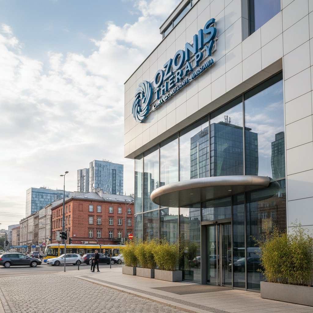 Nowoczesna klinika ozonoterapii w Warszawie, zewnętrzny widok, delikatne oznakowanie