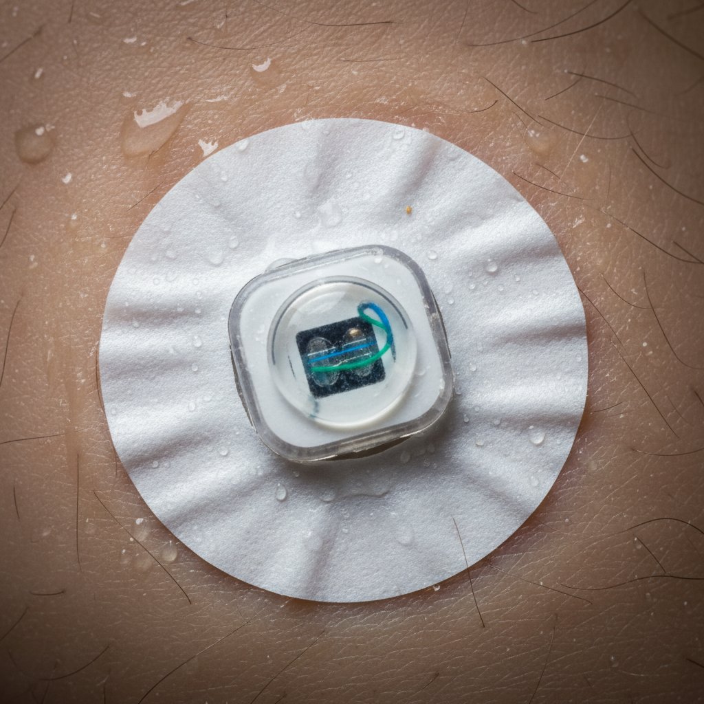 Ekstremalne zbliżenie na sensor CGM na skórze, szczegóły i tekstura