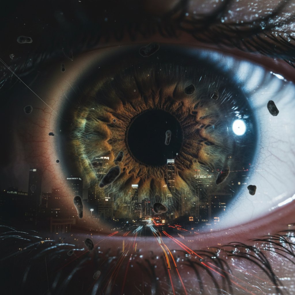 Ekstremalne zbliżenie ludzkiego oka z widocznymi ciemnymi kształtami – muchy w oku