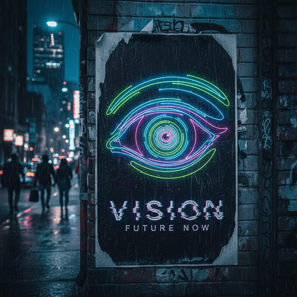 Oko skupiające się na neonowej grafice promocyjnej w miejskiej przestrzeni