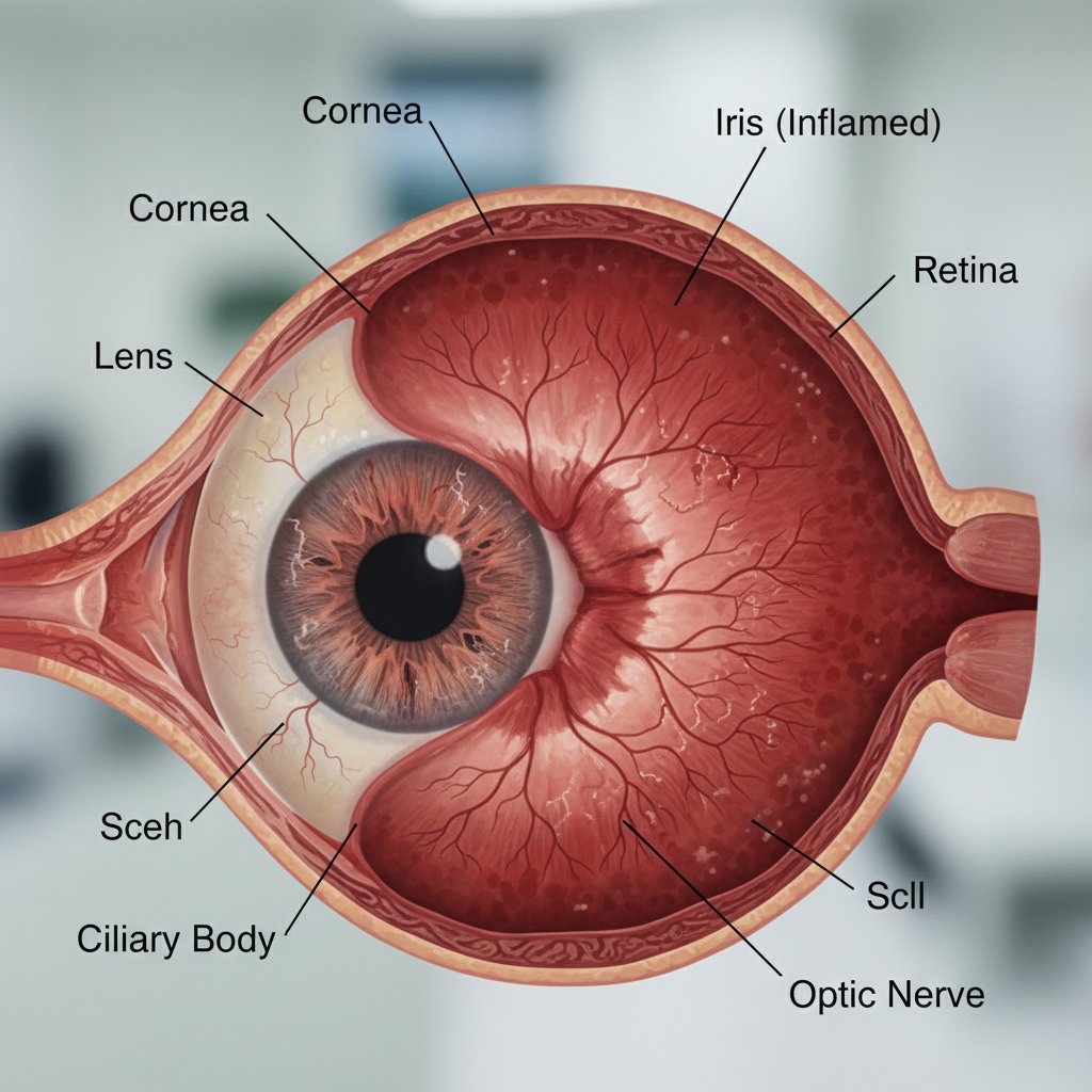 Przekrój oka z widoczną zapaloną tęczówką, wyraźnie pokazujący objawy zapalenia