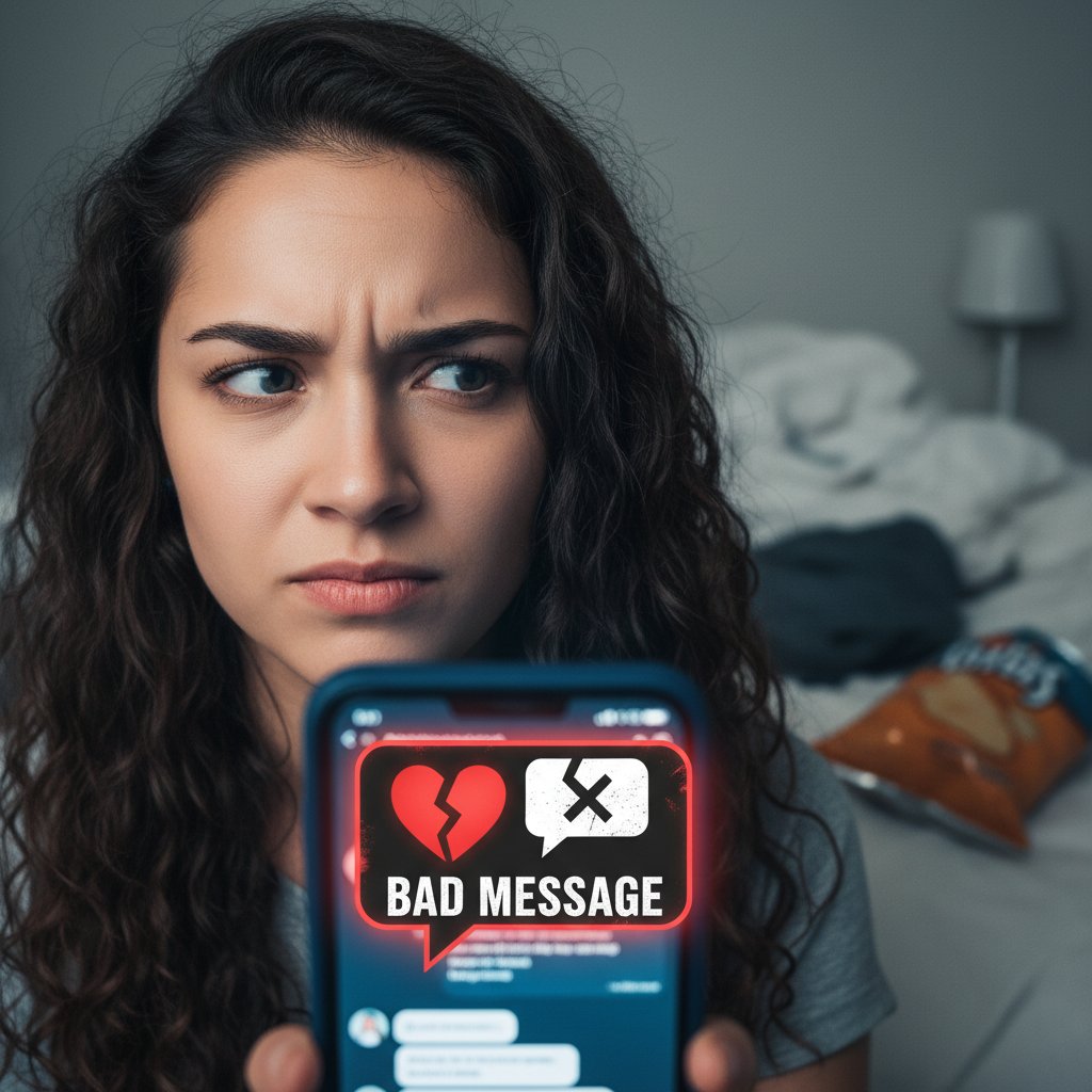 Zdjęcie osoby przewracającej oczami, czytającej nieprzemyślaną wiadomość na telefonie