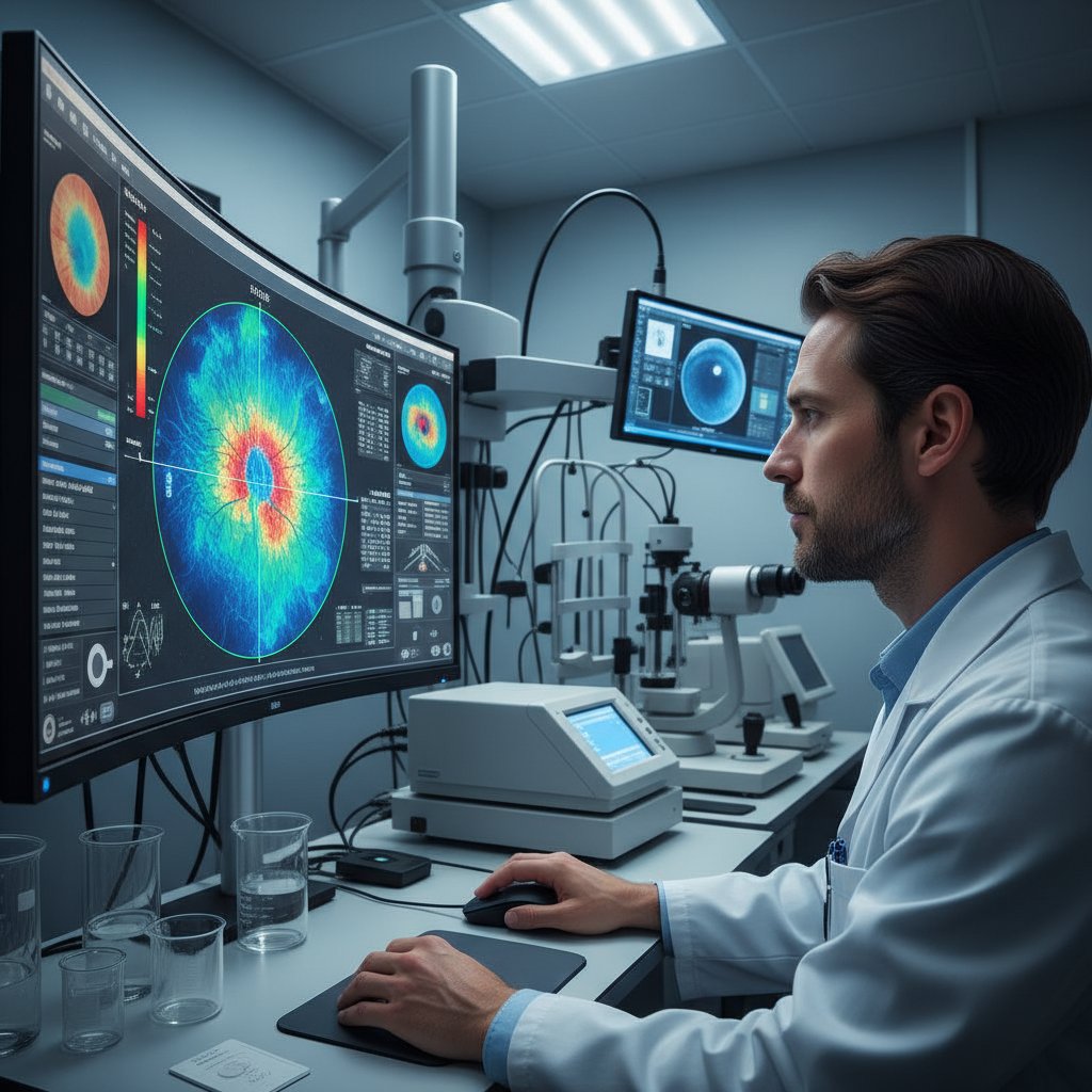 Zespół okulistów analizujący cyfrowe wyniki badań na ekranie monitora, nowoczesne laboratorium