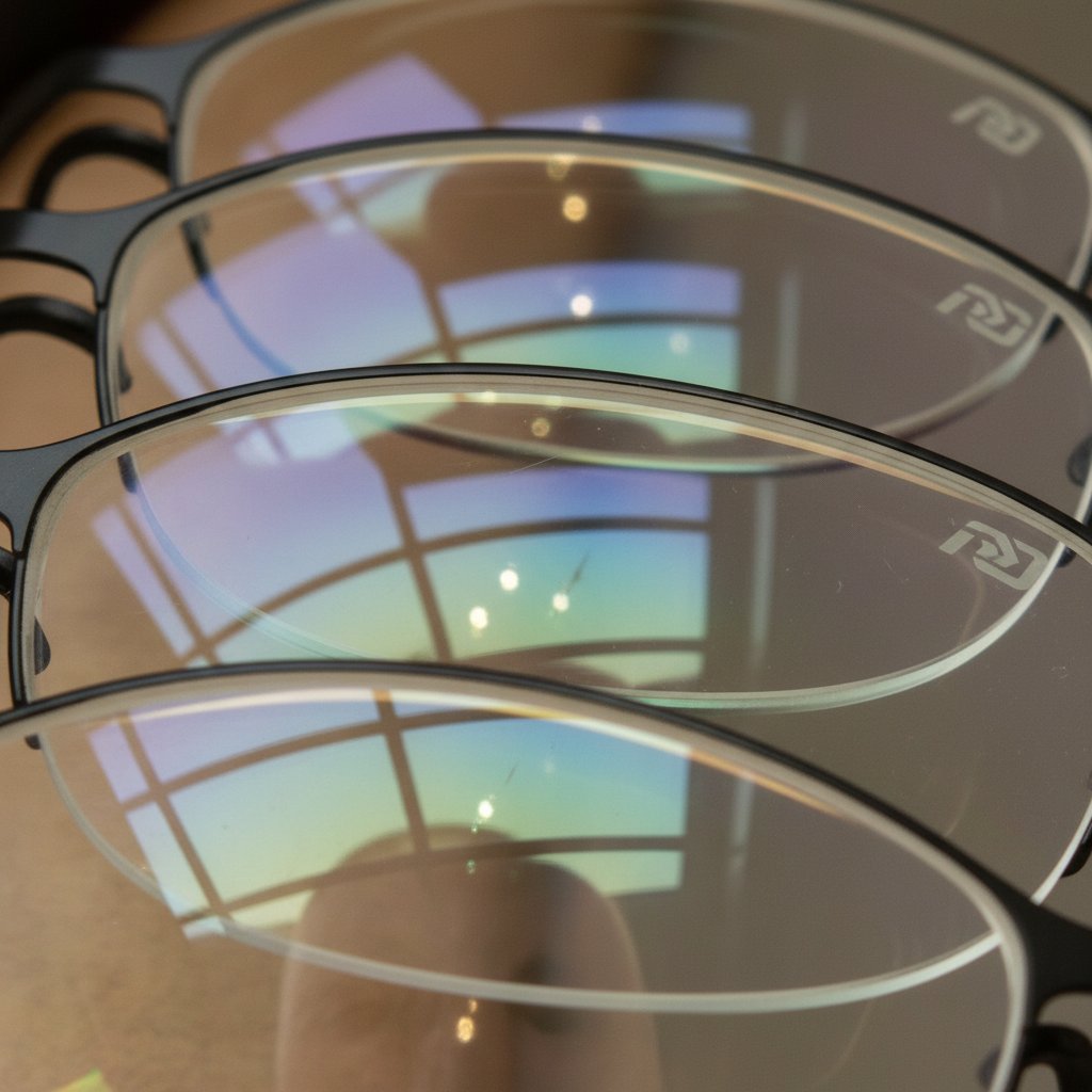 Zbliżenie na szkła okularowe z widocznymi powłokami i odblaskami kolorów