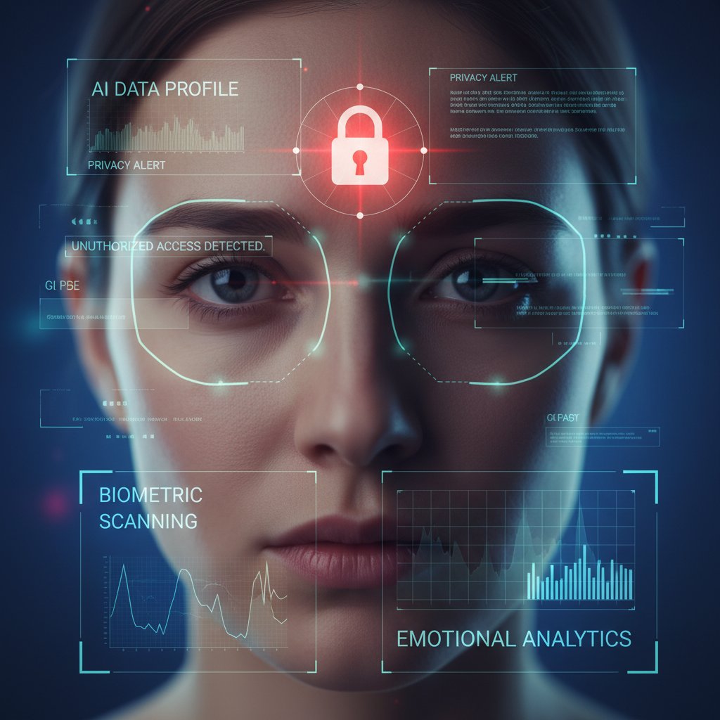 Zdjęcie zbliżenia na twarz osoby z nałożonym cyfrowym profilem danych AI