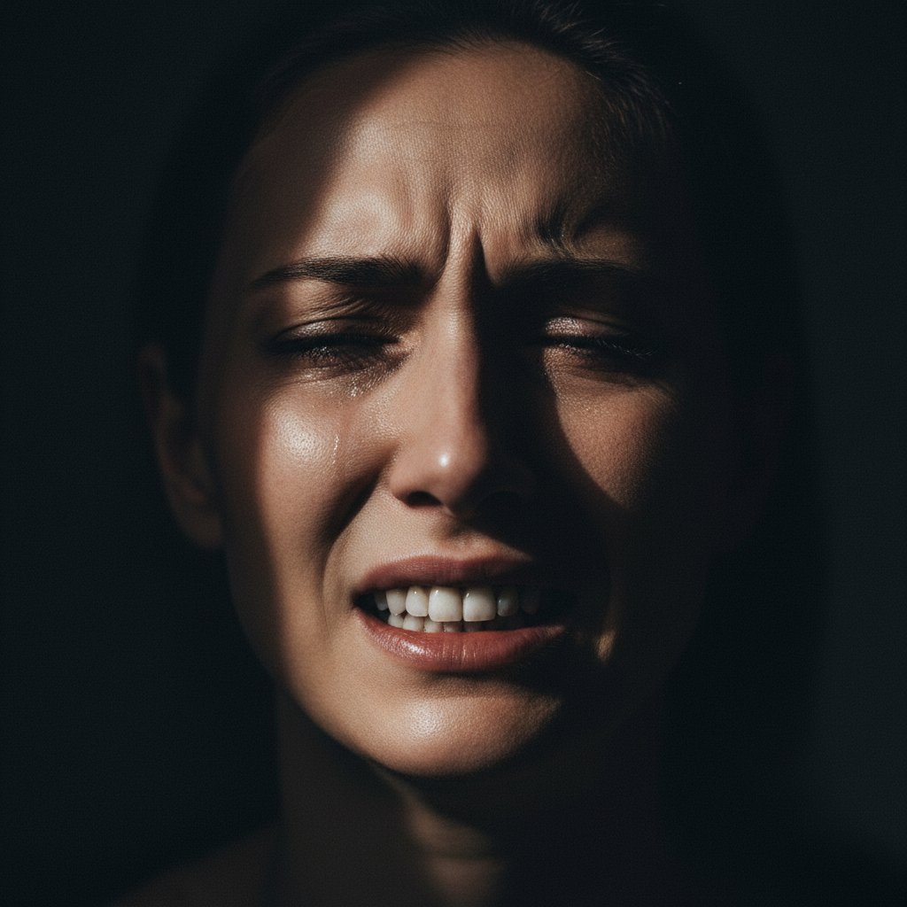 Zbliżenie twarzy osoby z zamkniętymi oczami, wyrażającej ból emocjonalny, kontrast światła i cienia