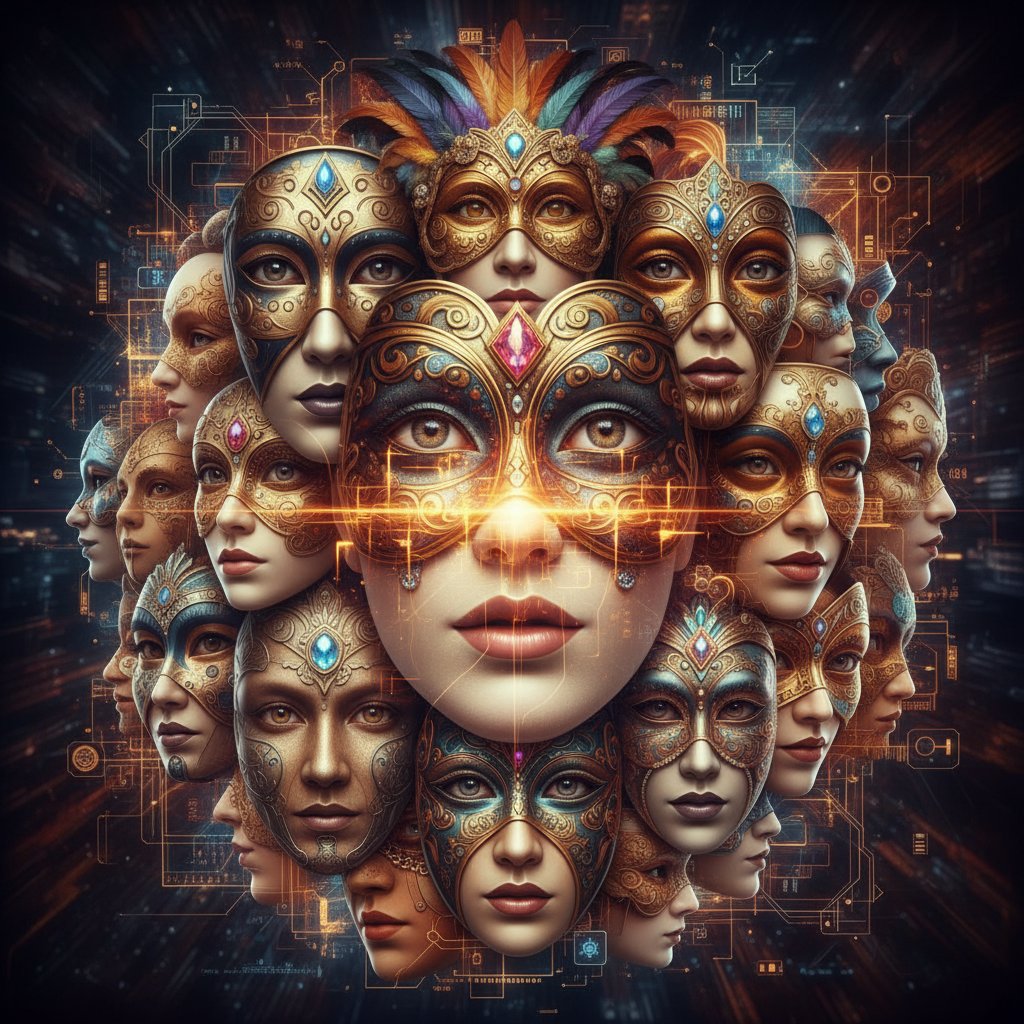 Kolaż twarzy z maskami, ukryte sygnały idealizacji.