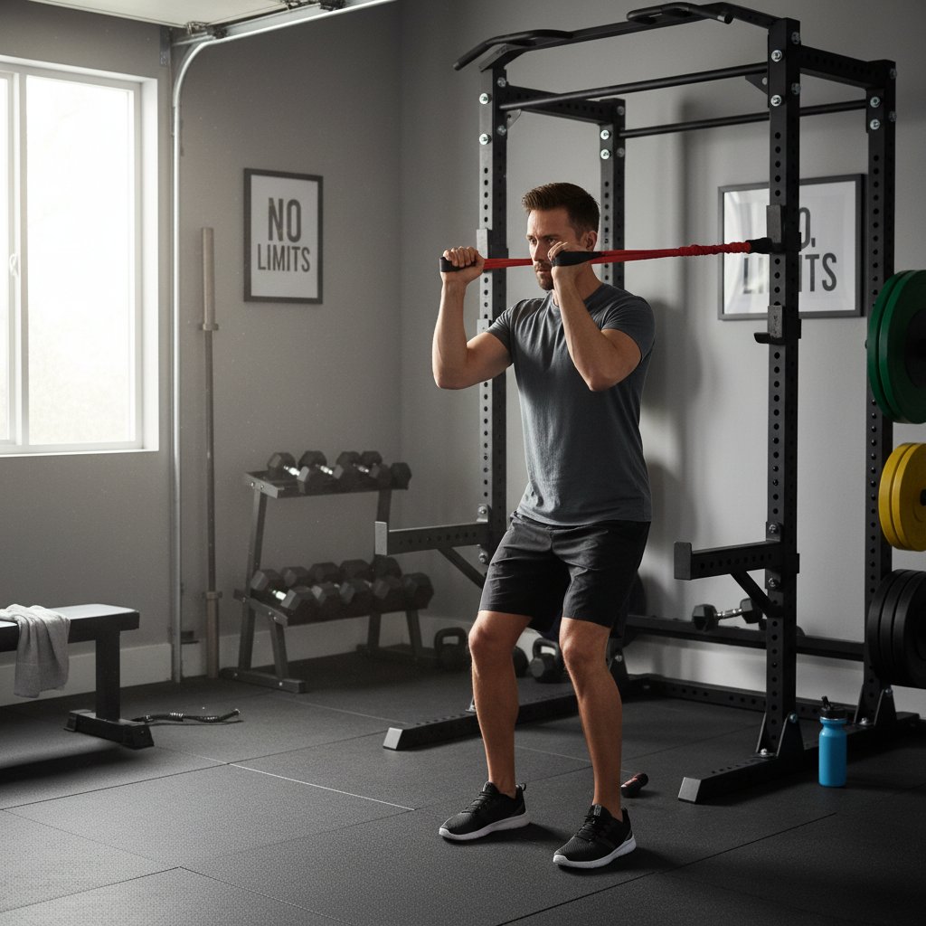 Osoba wykonująca face pulls z gumą oporową w domowej siłowni