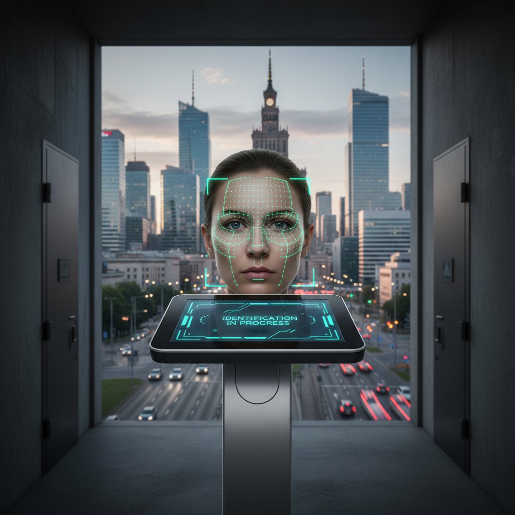 Skanowanie twarzy przez system biometryczny w miejskiej przestrzeni Warszawy, biometria