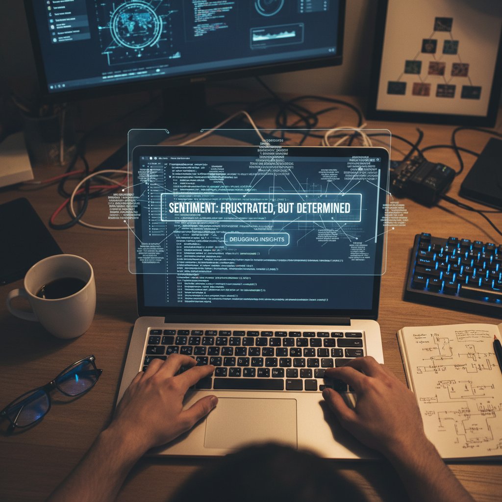 Ekran laptopa z rozbitem na części postem na Facebooku, wykresy i notatki programisty