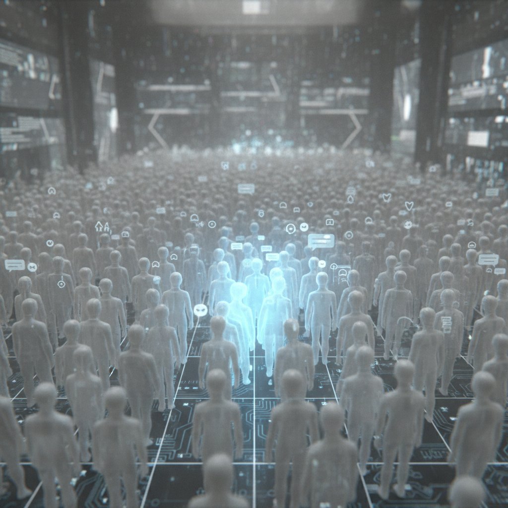 Abstrakcyjne awatary w zatłoczonym wirtualnym pokoju rozmów – presja społeczna online