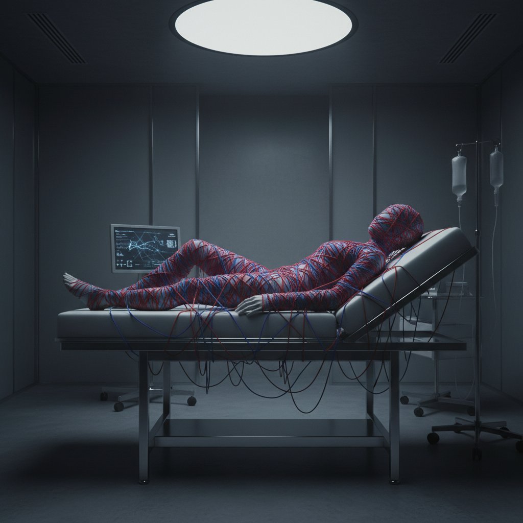 Pacjent siedzący na łóżku szpitalnym w zadumie, przewiązany kolorowymi nićmi symbolizującymi somatyzację