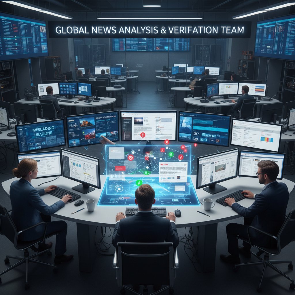 Pracownicy portalu fact-checkingowego przy komputerach, ekrany z analizą wiadomości