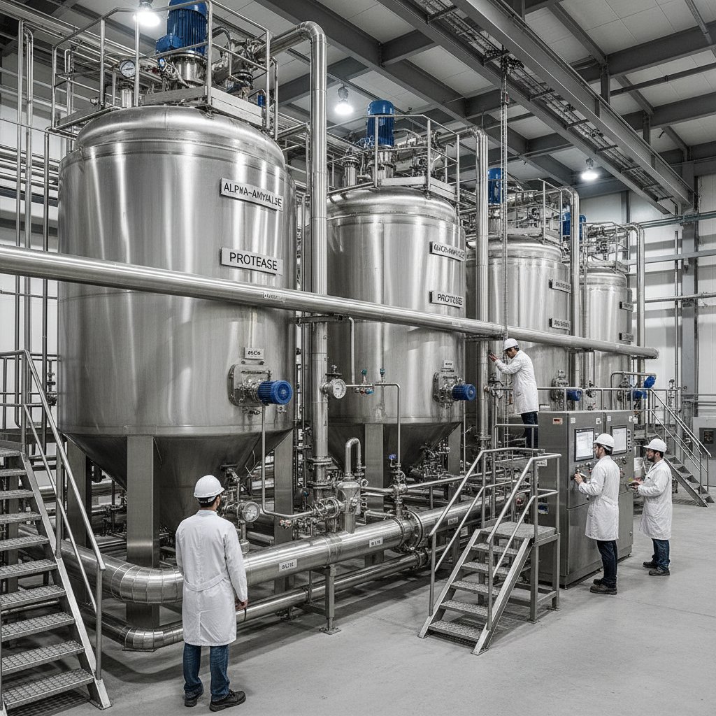 Zakład produkcji żywności z widocznymi zbiornikami do enzymatycznego rozkładu skrobi