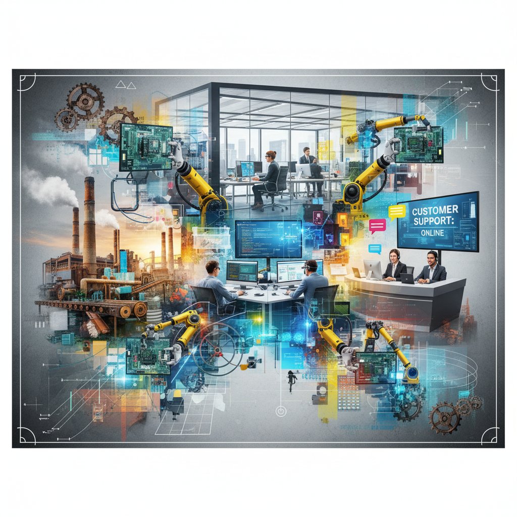 Różnorodne miejsca pracy – fabryka, biuro IT, punkt usługowy, rekrutacja, praca