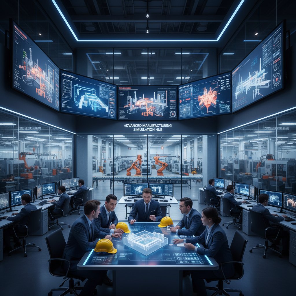 Fabryka z nowoczesnym centrum symulacji, inżynierowie przy monitorach