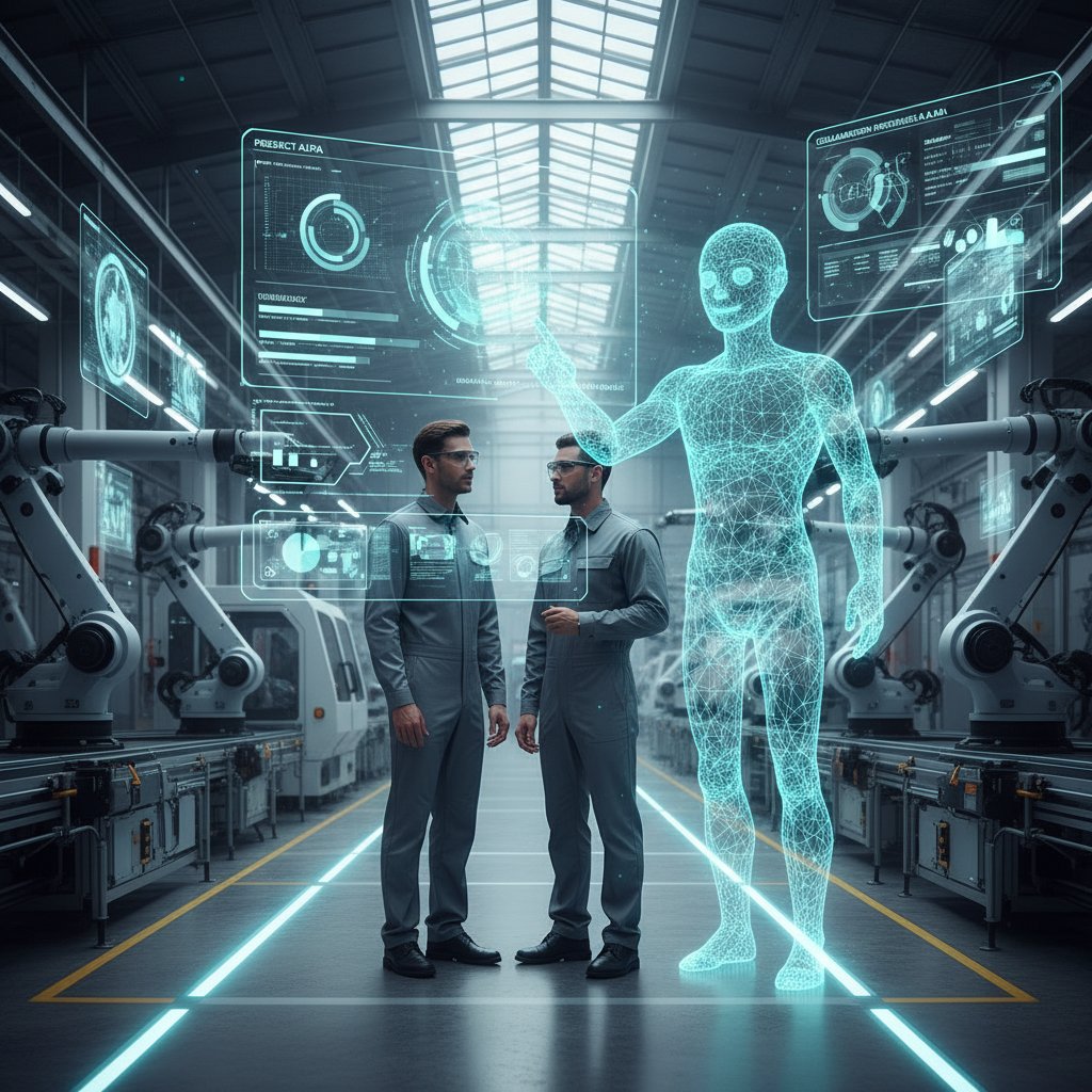 Factory floor with AI interface, manufacturing environment with digital assistant, collaboration helper industry adoption