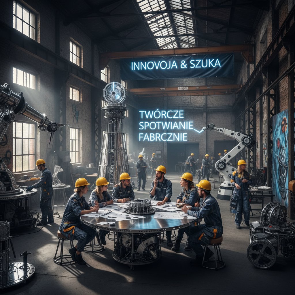 Zespół produkcyjny podczas kreatywnego spotkania na hali fabrycznej