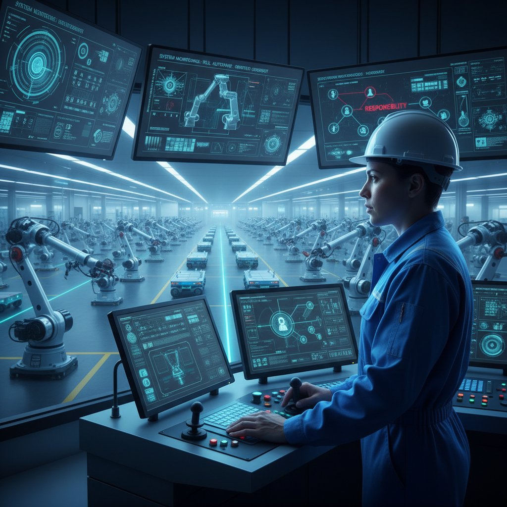 Operator monitorujący pracę autonomicznych maszyn w fabryce, odpowiedzialność w przemyśle