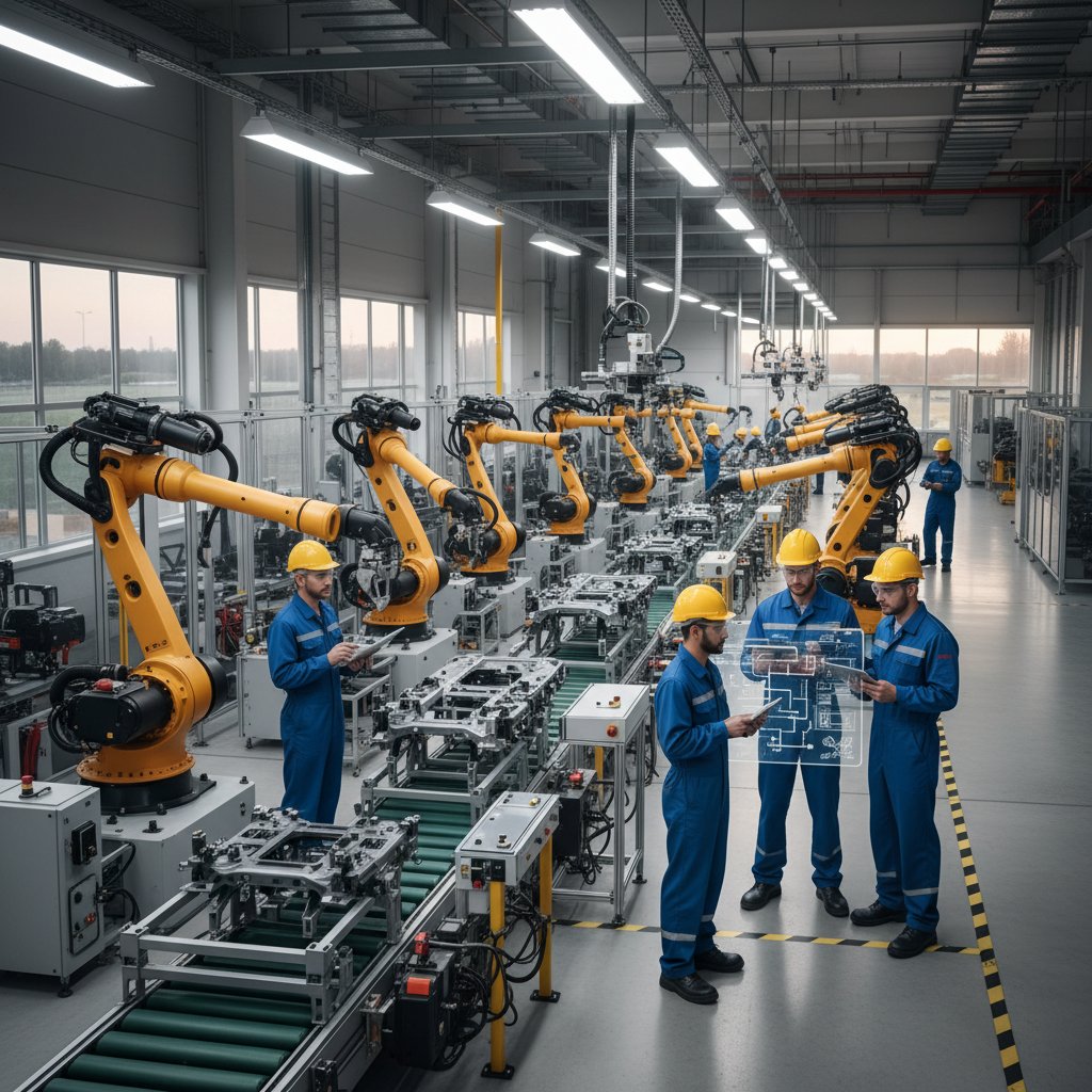 Pracownicy fabryki obok zautomatyzowanych linii produkcyjnych – polska perspektywa AI w przemyśle