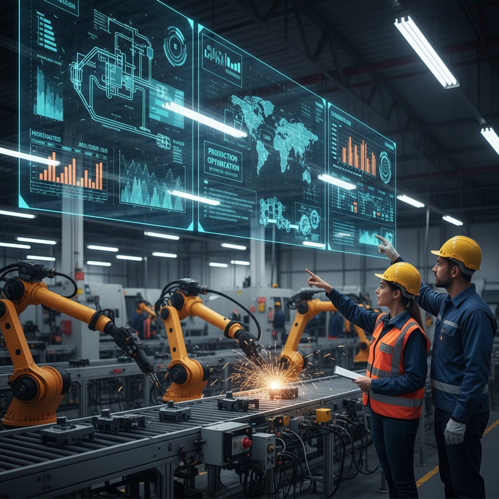 Operatorzy maszyn analizują dane produkcyjne na ekranach z AI