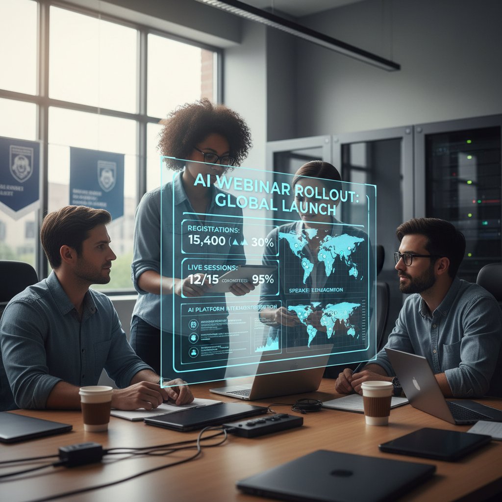 Faculty and IT team planning AI webinar rollout, collaborating over a digital dashboard, illustrating steps to implement virtual assistant for academic webinar support