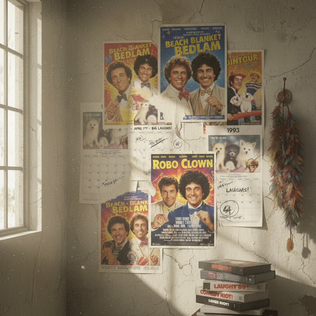 A faded wall of comedy movie posters and fluttering calendar pages, showing lost relevance over time for wasted potential comedy