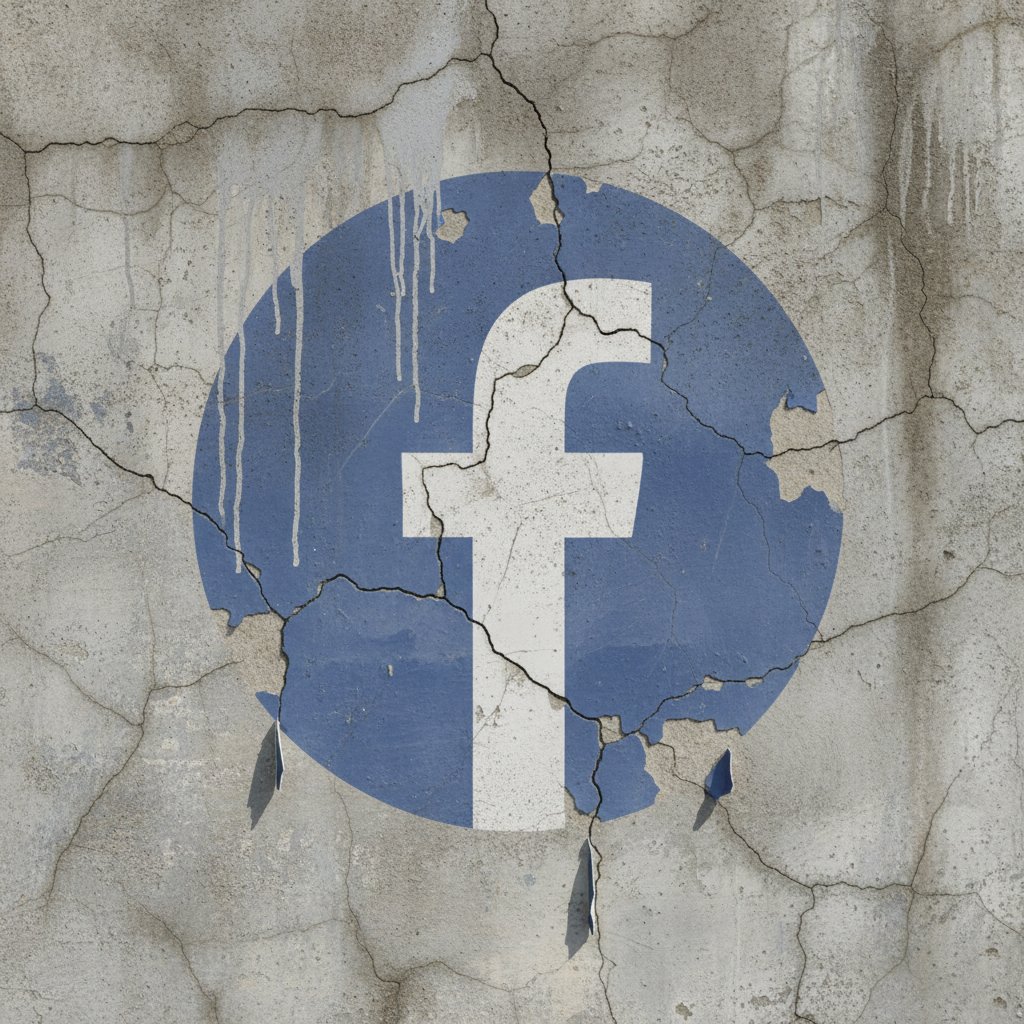 Upadek znaczenia Facebooka w Polsce – wyblakłe logo Facebooka na popękanej ścianie