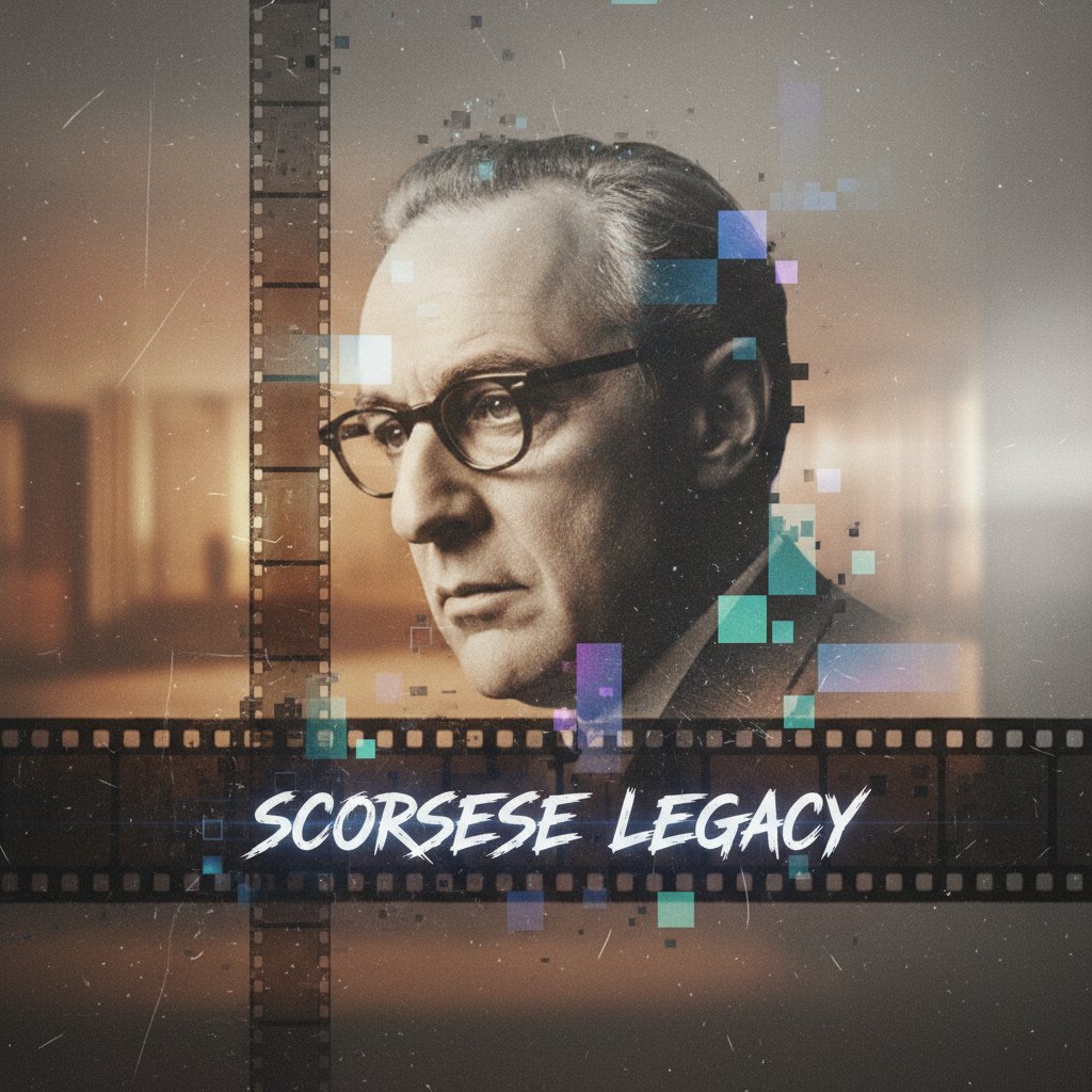 Scorsese’s legacy bridging the analog and digital eras, faded film reel dissolving into digital pixels