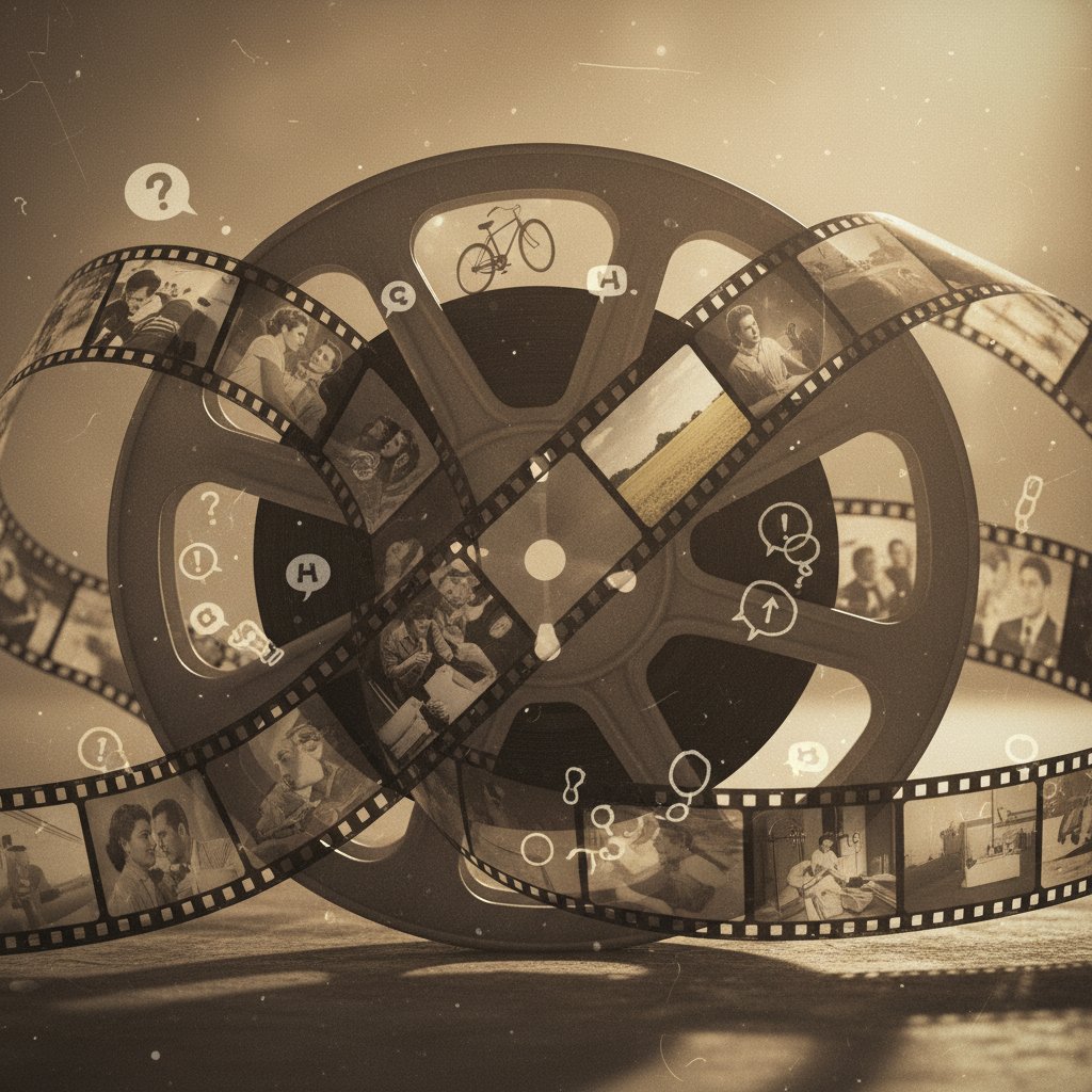 A faded film reel unraveling, symbolizing changing opinions on legendary movie scenes, moody lighting