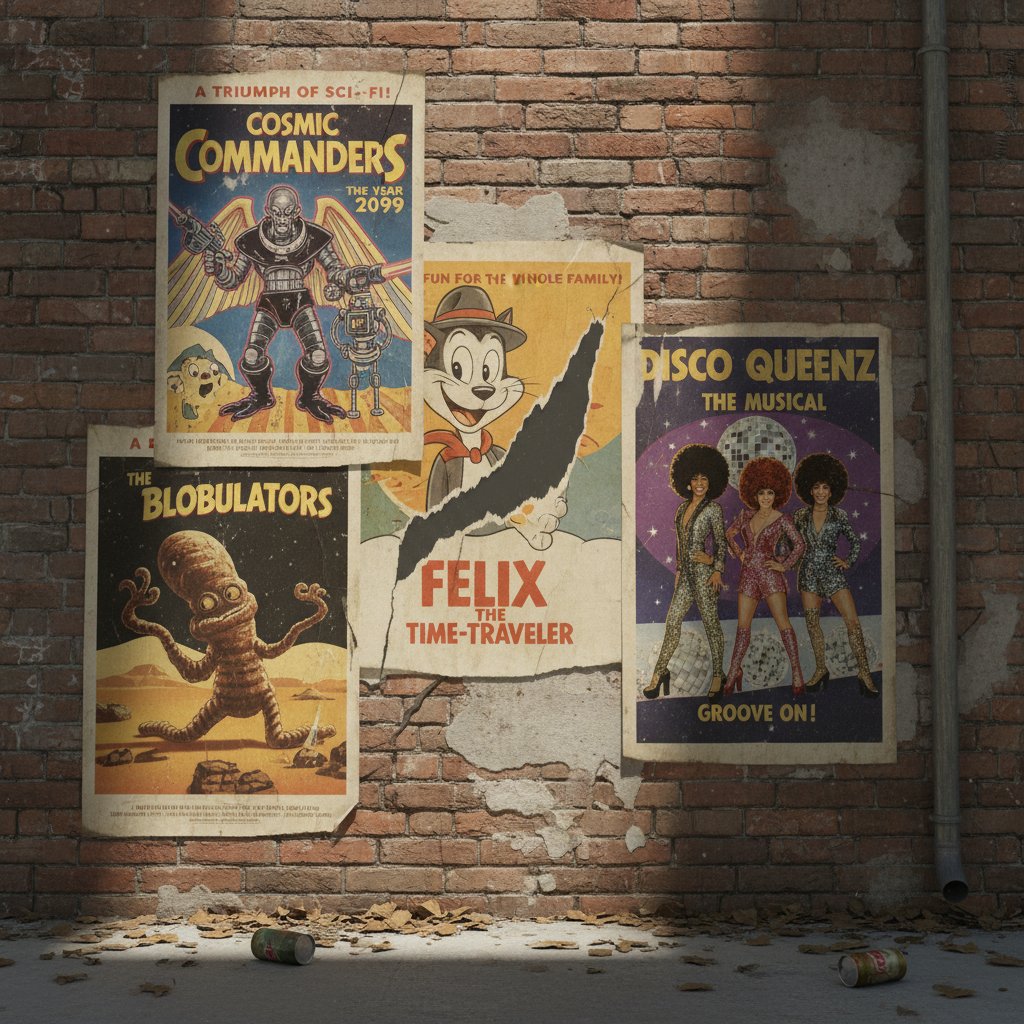 Movies whose references have not aged well, with faded posters and obsolete pop icons in a nostalgic style