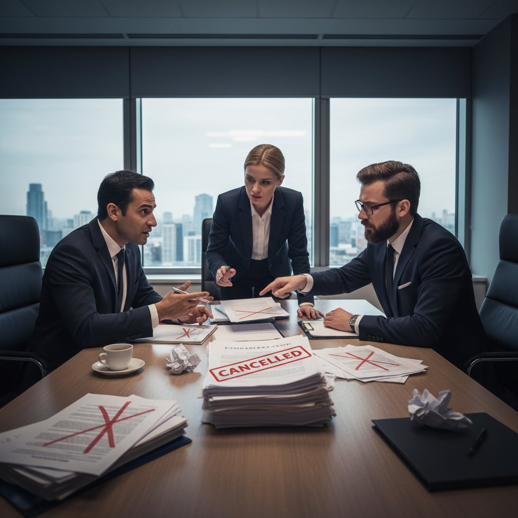 Nieudane spotkanie biznesowe Polaków i Hiszpanów, dokumenty z błędami, widoczne napięcie