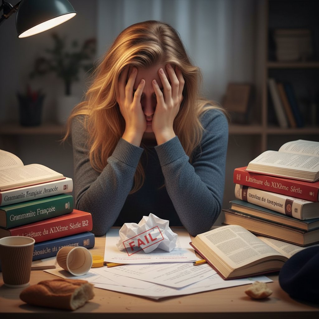 Rozczarowanie po niezdanym egzaminie TEF online, z widocznymi materiałami do nauki francuskiego