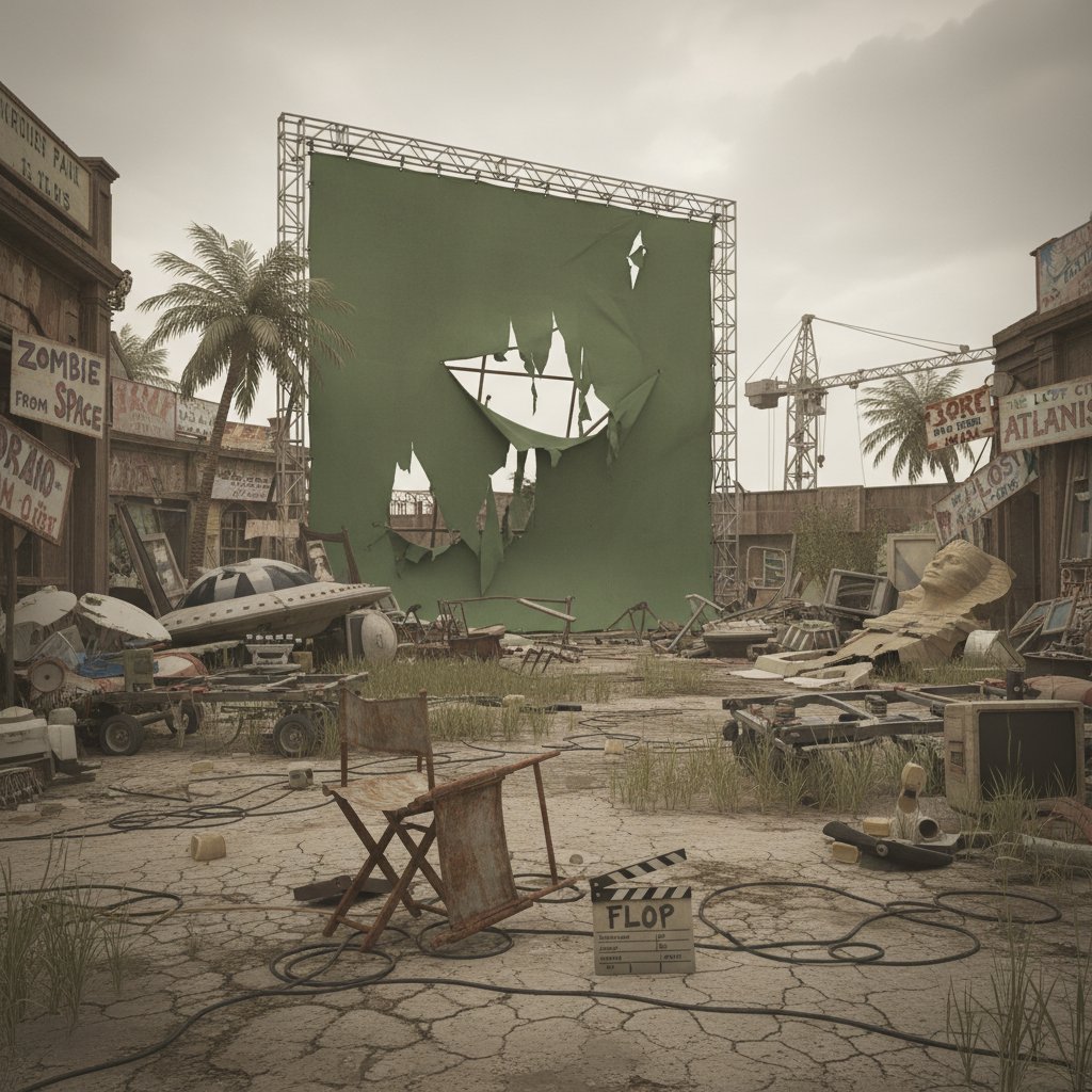 A famous director’s failed project, abandoned film set with scattered equipment and scripts