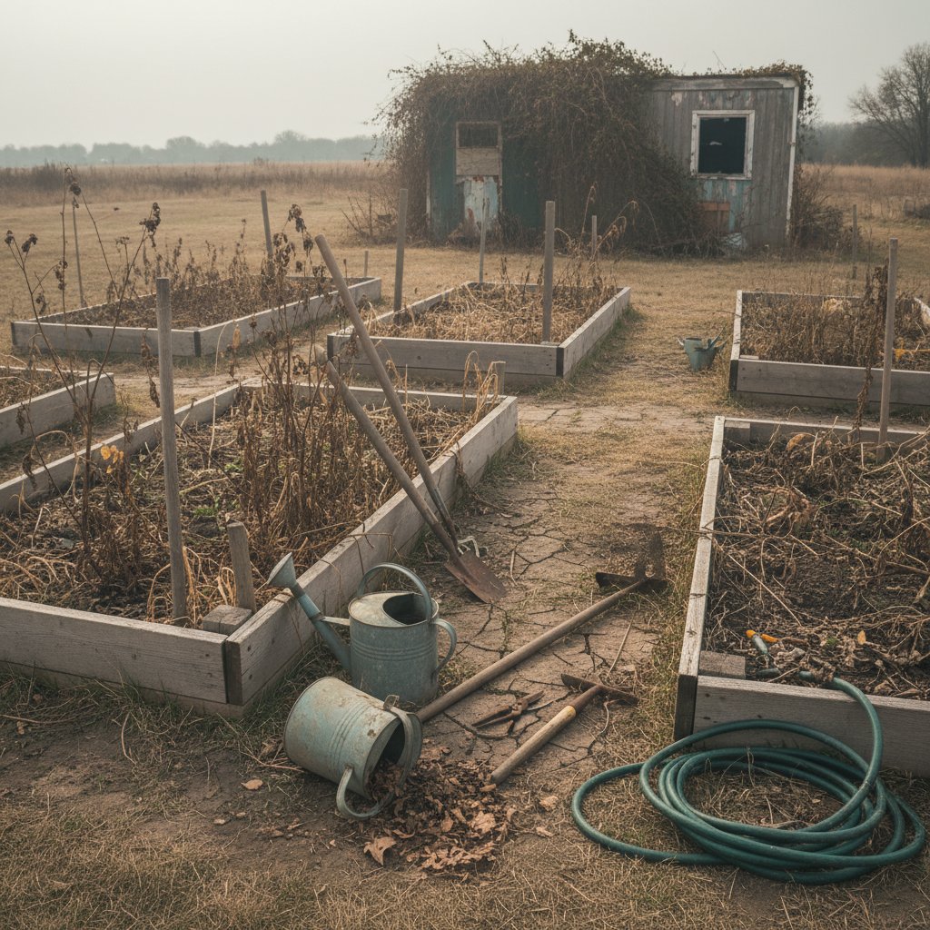 Zniszczone rabaty po złym podlewaniu, bliskość pustych konewek i narzędzi ogrodowych
