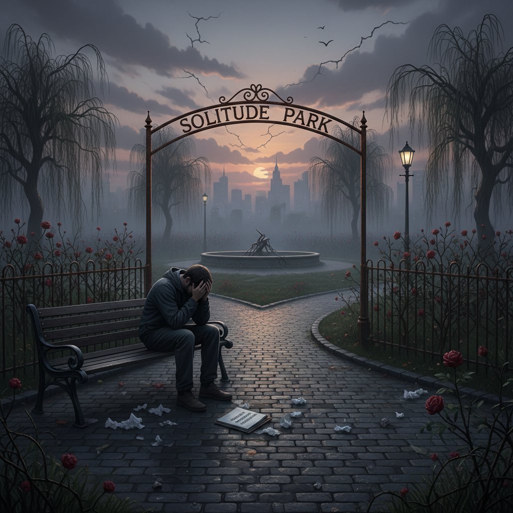 A person alone in a park at dusk, reflecting after a failed mediation session, symbolizing the emotional aftermath