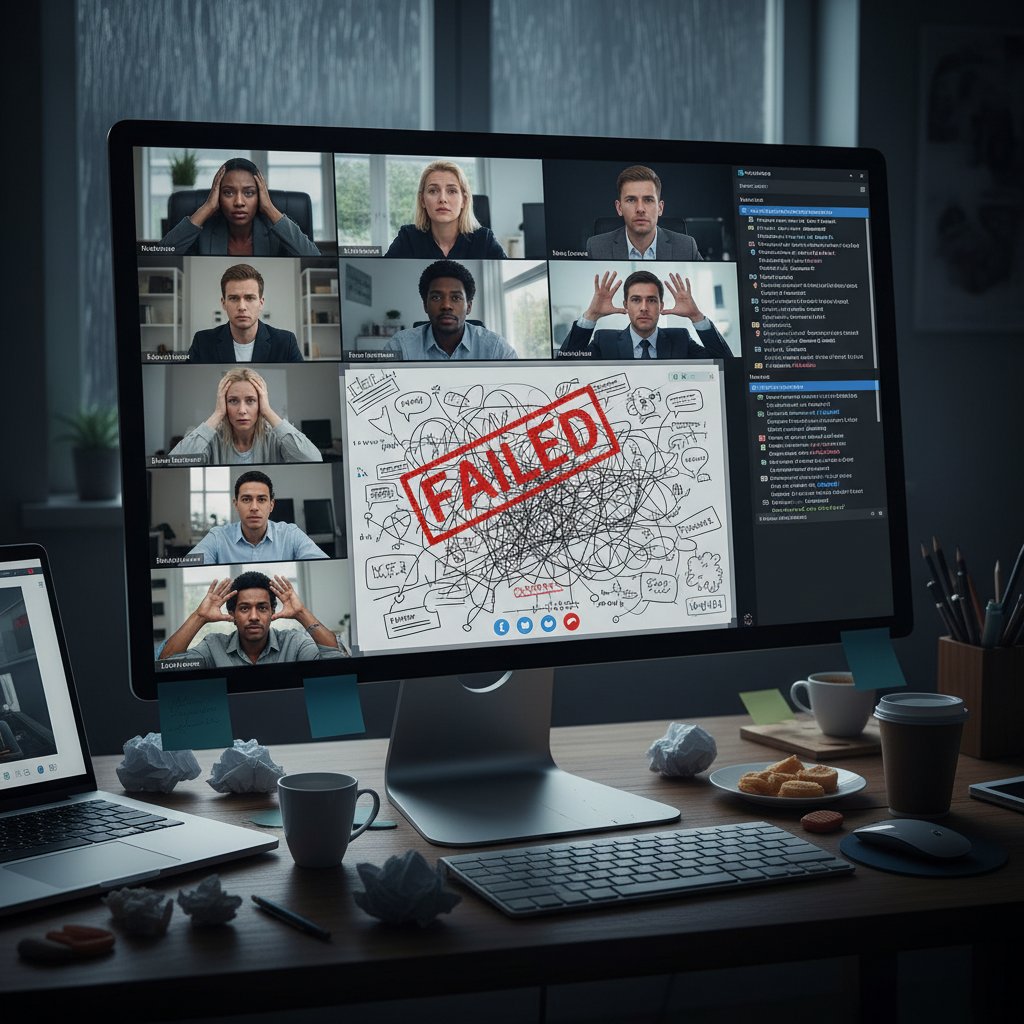 Zespół fundacji zdezorientowany podczas nieudanej sesji online, widoczne rozczarowanie