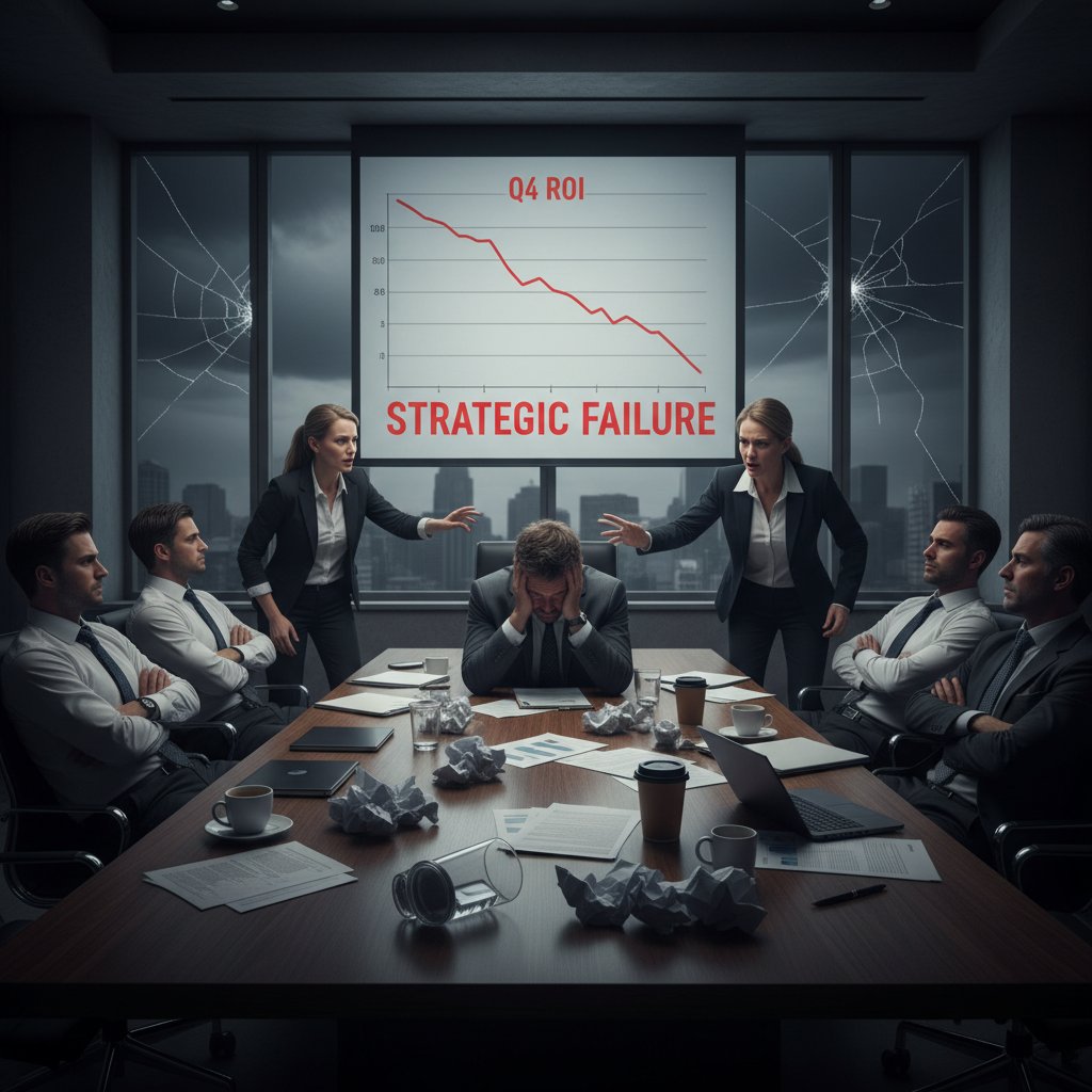 Zarząd analizujący raport po nieudanej decyzji strategicznej, emocje i presja w biurze
