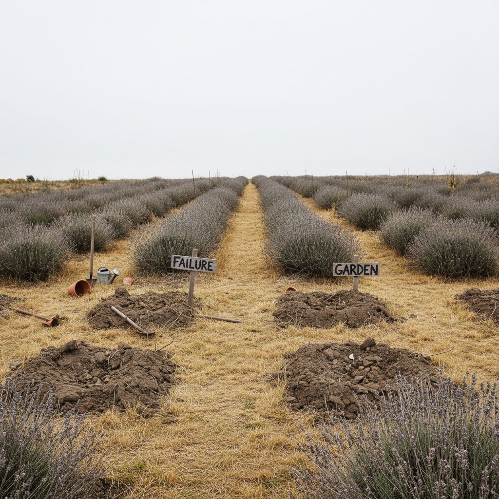 Ogród po klęsce – martwe lawendy, wyschnięty trawnik, przekopane rabaty