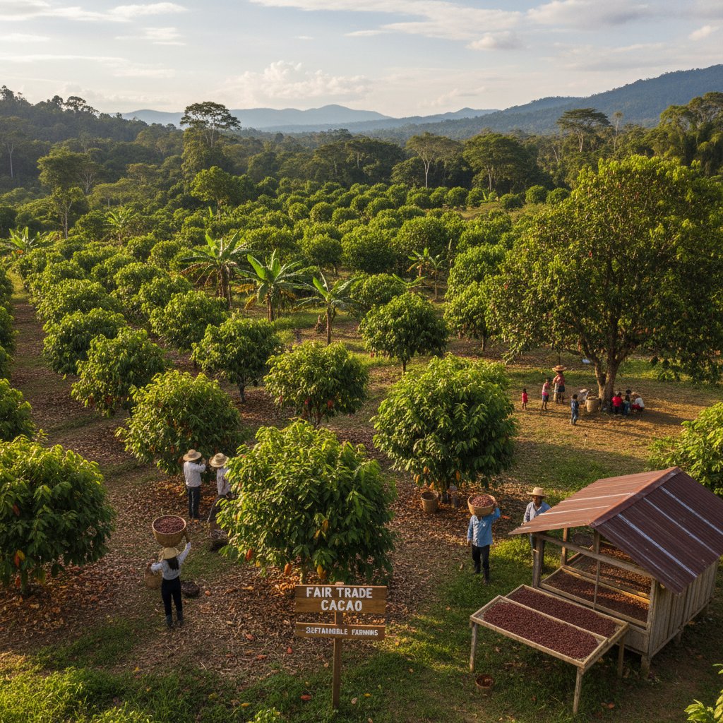 Ziarna kakao z certyfikatami Fair Trade i Rainforest, plantacja, zbliżenie