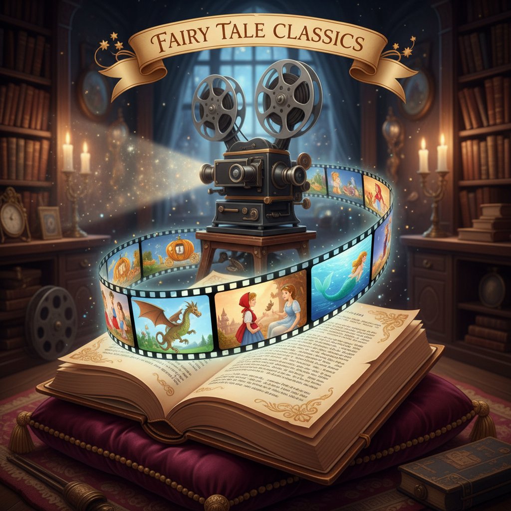 A children’s fairy tale book transforming into a cinematic reel, symbolizing evolution